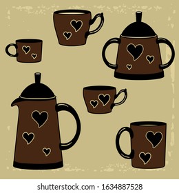 set of brown coffee cups, mugs, teapot and sugar bowl with hearts on a beige aged background, color illustration in vintage style