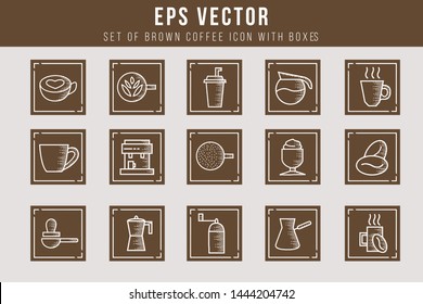 Set Of Brown Coffee Icon With Boxes