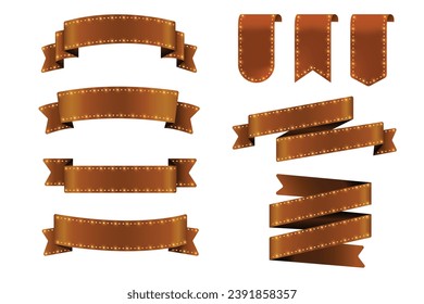 Set of Brown Color Ribbons and Tags with light isolated on white background. 3D Vector Illustration.