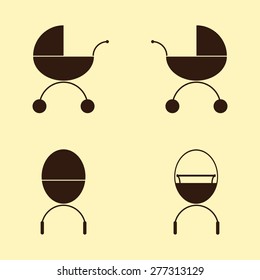 Set of brown colored prams isolated on flaxen background. Front and back sides. Logo template, design element
