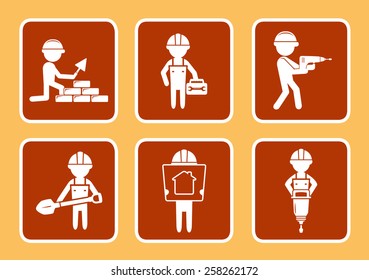 set brown construction icons with builders man silhouette