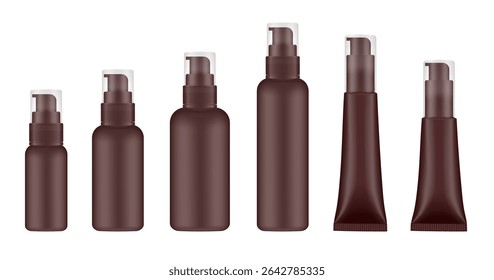 Conjunto de garrafas e tubos cosméticos marrons com bomba. Dispensador de sabão ou loção. Recipientes de plástico para cosméticos. Soro ou gel	