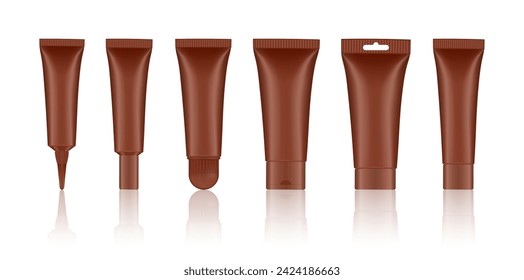 Set of brown cosmetic tubes. Closed blank tubes with caps. Realistic mockup. Long nozzle tube. for ointment or salve. Gel serum. Korean packaging. Lip gloss