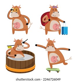 set of brown cow cartoon character vector illustration