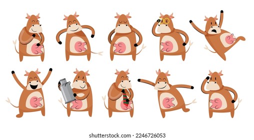 set of brown cow cartoon character vector illustration