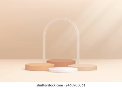 Set of brown, cream and white 3d cylinder pedestal podium background  with minimal scene product display. Realistic mockup , stage design for product showcase.
