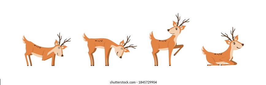 Set of brown deer running and jumping. Beautiful stylized cartoon deers isolated on a white background. Cartoon character animal design. Vector illustration in flat style. Eps 10.