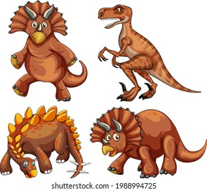 Set of brown dinosaur cartoon character illustration