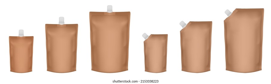 Set of brown doypack packaging with screw cap. Blank foil drink bags pouches with spout. Ketchup, mayonnaise or mustard. Stand up doy pack mock up set. Cosmetic refill
