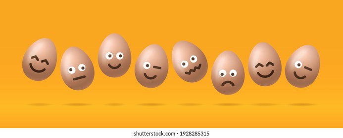 Set of brown easter eggs with emojis. Realistic 3d vector egg character set