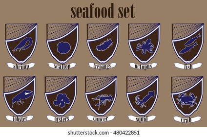 Set of brown emblems with seafood