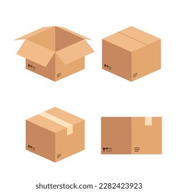 Set of a brown empty cardboard box on isolated white background. Open, close, package carton. Vector illustrator 3D cartoon isometric design concept.