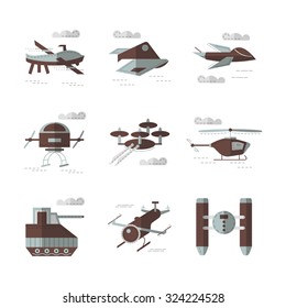 Set of brown flat color style vector icons for military robots. Drones, surveillance and reconnaissance, unmanned aircraft. Elements of web design for business and site.