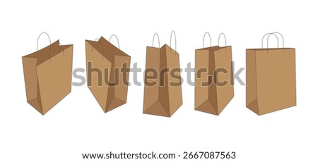 Set of brown flat design shopping bag at random angles