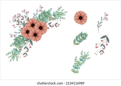 Set of brown floral elements and arrangements