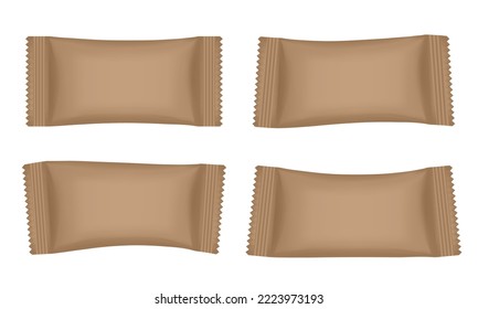 Set of brown flow packs. Chocolate bar or ice cream wrapper. Silver foil bag. Realistic 3d mockup of a flow pack or sachet. Pouch