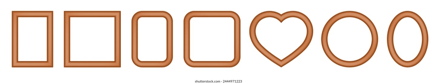 Set of brown frames. Square, rectangular, round, oval and heart-shaped pictures. Rounded angles. Poster or painting mockup on a transparent background. 3d photo frame