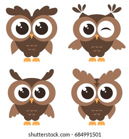 Set of brown funny owls isolated on white