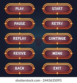 Set of brown game buttons for mobile games with editable text effect gui to build 2d games