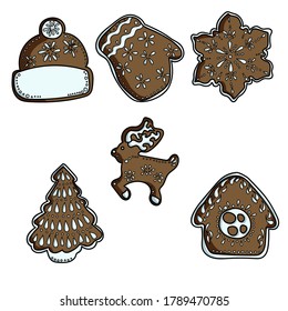 Set of brown gingerbread, decorated with icing, pastries in the shape of a house, a hat, a mitten, a snowflake, a deer, a Christmas tree, vector hand draw illustration for design and creativity