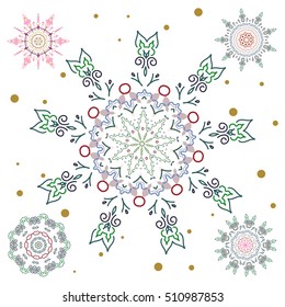 Set of brown and green snowflakes and dots on a white background. Vector abstract design in brown and green colors.