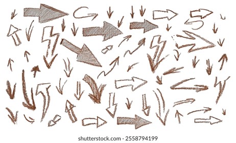 Set of brown grunge arrows drawn in chalk, collection of arrows indicating the direction, various arrows with curls of different shapes for decoration, hand drawn thick marker arrows with scratches