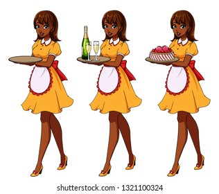 Set of brown haired waitresses holding champagne and cake, wearing yellow  maid costume. Hand drawn vector illustration isolated on white background. 