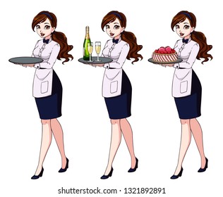 Set of brown haired waitresses holding champagne and cake, wearing blue uniform. Hand drawn vector illustration isolated on white background. 