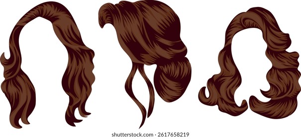 set of brown hairstyle templates of different lengths and shapes, for female characters