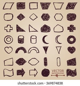 Set of Brown Hand Drawn Pencil Figures on Ocher Background. Vintage Design. Vector illustration.