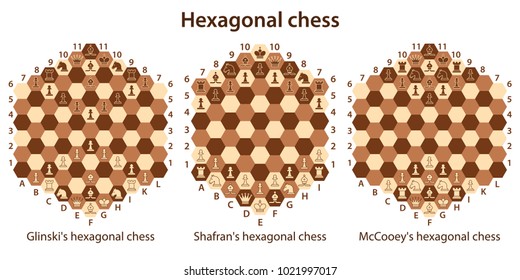 Set of brown hexagonal chessboards with chess pieces. Chess pieces in flat style. Vector illustration