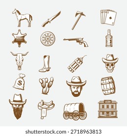 A set of brown icons featuring various western themed items on a clean white background with detailed designs