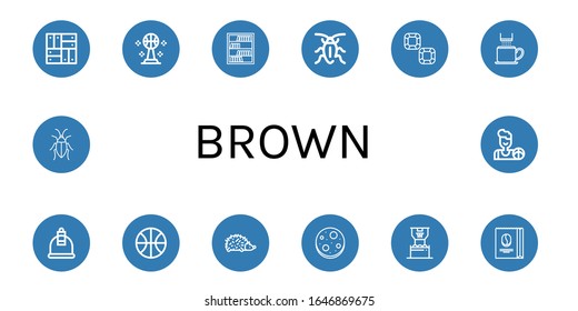 Set of brown icons. Such as Parquet, Basketball, Bookcase, Cockroach, Chocolate, Coffee cup, Cupping, Hedgehog, Chocolate chip, Coffee beans , brown icons