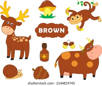 set of brown items. Visual dictionary for children about primary colors. vector illustration
