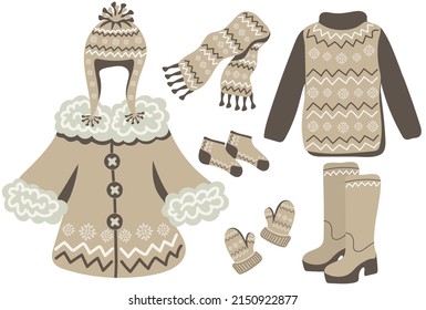 Juego de ropa de invierno de punto marrón y ropa de cama exterior. Escarcha de invierno de punto, sombrero, mitones, medias, botas, suéter y chaqueta. Elementos dibujados a mano para el diseño invernal. Ilustración vectorial.