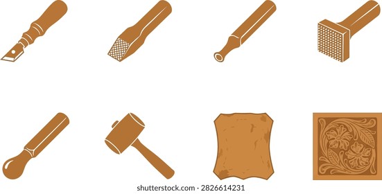 A set of brown leather crafting tools and equipment icons including knives, punches, a mallet, and a piece of leather with floral embossing.