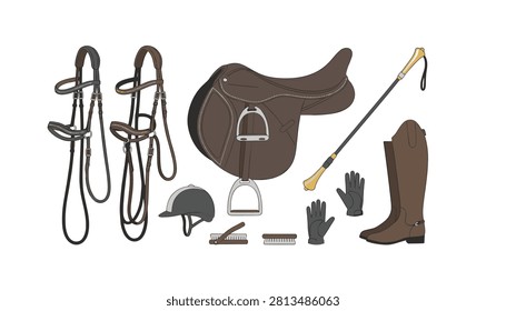 Set of brown leather horse riding equipment including saddles and bridles with riding boots and a helmet and brushes arranged on a grey background.