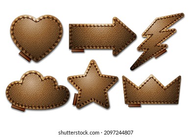 Set of brown leather label shapes with stitches. Leather patches with seam. Patches of different shapes as heart, star, arrow, cloud, crown and lightning. Vector realistic illustration on white