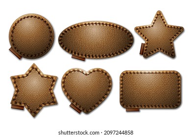 Set of brown leather label shapes with stitches. Leather patches with seam. Patches of different shapes as rectangle, circle, star, heart, oval. Vector realistic illustration on white background.