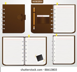 Set of Brown leather notebook with Keep the pencil and Storage card.. Vector template for design work