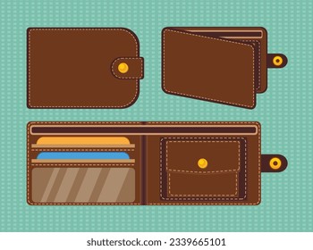 Set of brown leather wallet. Wallet icons design. Wallet money element illustration. 