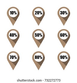 Set of brown map pins with different percentage. Isolated on white background