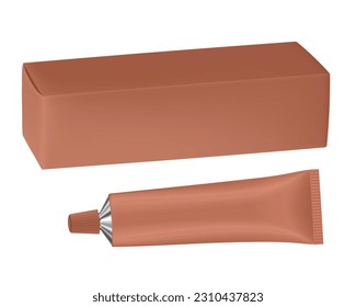 Set of brown metal tube and box. Realistic mockup. Ointment or salve. Korean packaging. Blank cardboard package	