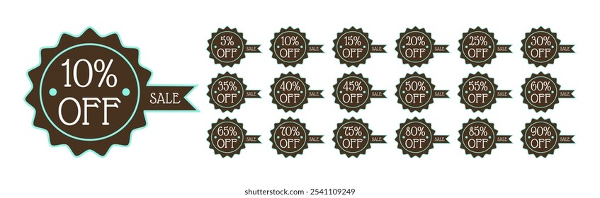 Set of brown and mint discount labels. 5, 10, 15, 20, 25, 30, 35, 40, 45, 50, 55, 60, 65, 70, 75, 80, 85, 90 percent off.