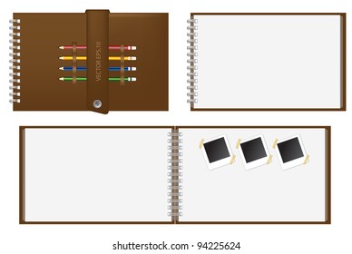 Set of Brown notebook and Keep the pencil, instant photo. Vector template for design work