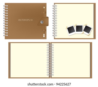 Set of Brown notebook and Keep the pencil, instant photo. Vector template for design work