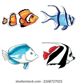 Set of brown, orange,  blue, red and aqua color fishes. EPS vector illustration marine animals.
