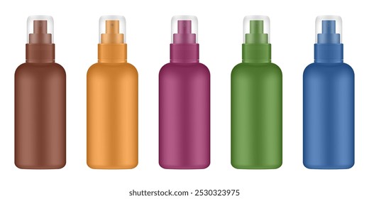 Set aus braunen, orangen, grünen, weinroten und blauen Kosmetikflaschen mit Pumpe. Spender. Koreanische Verpackung. Lotion oder Serum. Nebel, Haarspray, Lufterfrischer Behälter. Modell eines Aerosols. Durchsichtige Kappe