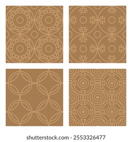 Conjunto de ornamentos marrons com padrões na moda para a criação de azulejos ou papel de parede. Modelos de formas geométricas arredondadas.	