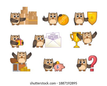 Set of brown owl characters showing various actions. Cute owl mascot with parcel boxes, big dollar coin, shield, gift, treasure chest and showing other actions. Modern vector illustration